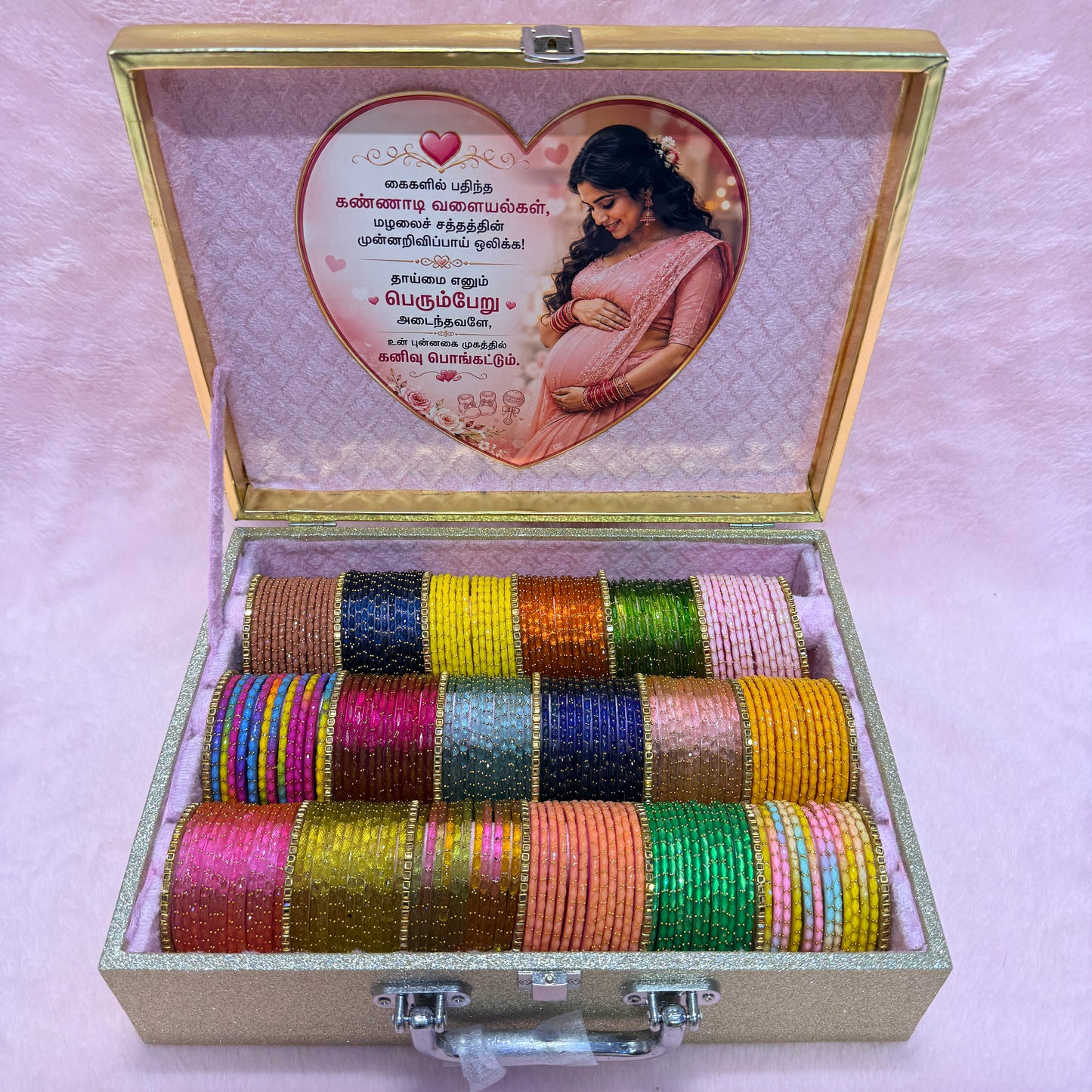 Premium Rain Drop Glass Bangles Gift Hamper | 18 Dozen | Size 2.4 | Luxury Suitcase Valaikappu Gift Box with Tamil Kavithai