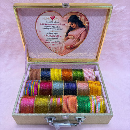 Premium Rain Drop Glass Bangles Gift Hamper | 18 Dozen | Size 2.4 | Luxury Suitcase Valaikappu Gift Box with Tamil Kavithai