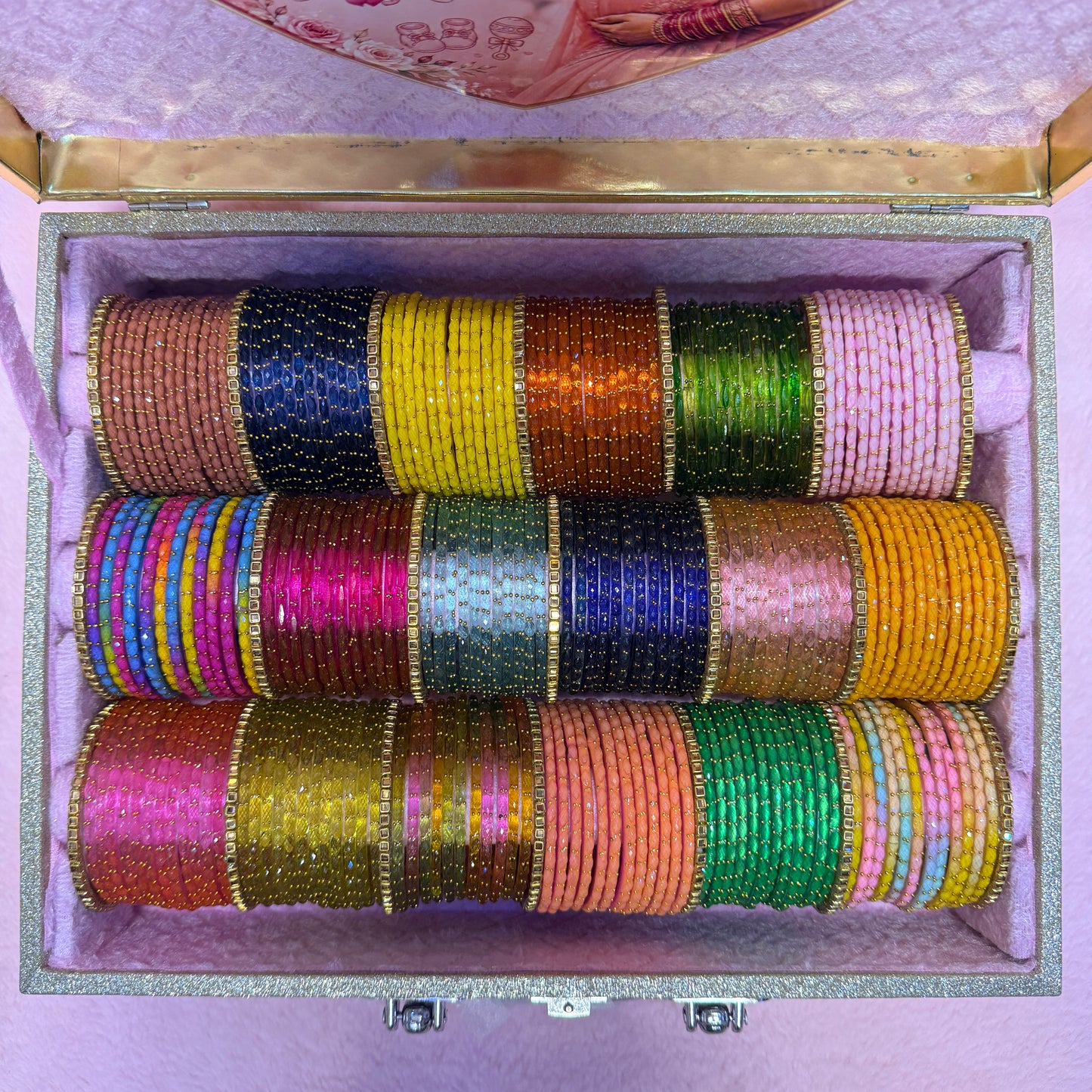 Premium Rain Drop Glass Bangles Gift Hamper | 18 Dozen | Size 2.4 | Luxury Suitcase Valaikappu Gift Box with Tamil Kavithai