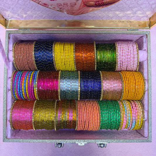 Premium Rain Drop Glass Bangles Gift Hamper | 18 Dozen | Size 2.4 | Luxury Suitcase Valaikappu Gift Box with Tamil Kavithai