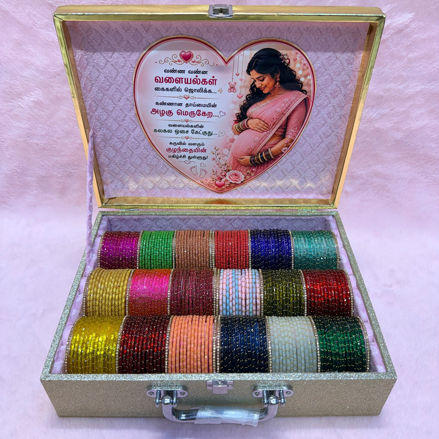 Premium Rain Drop Glass Bangles Gift Hamper | 18 Dozen | Size 2.4 | Luxury Suitcase Valaikappu Gift Box with Tamil Kavithai