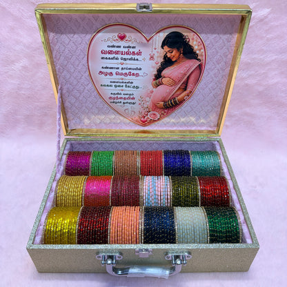 Premium Rain Drop Glass Bangles Gift Hamper | 18 Dozen | Size 2.4 | Luxury Suitcase Valaikappu Gift Box with Tamil Kavithai