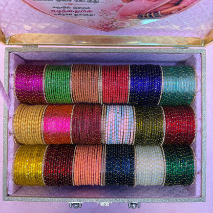 Premium Rain Drop Glass Bangles Gift Hamper | 18 Dozen | Size 2.4 | Luxury Suitcase Valaikappu Gift Box with Tamil Kavithai