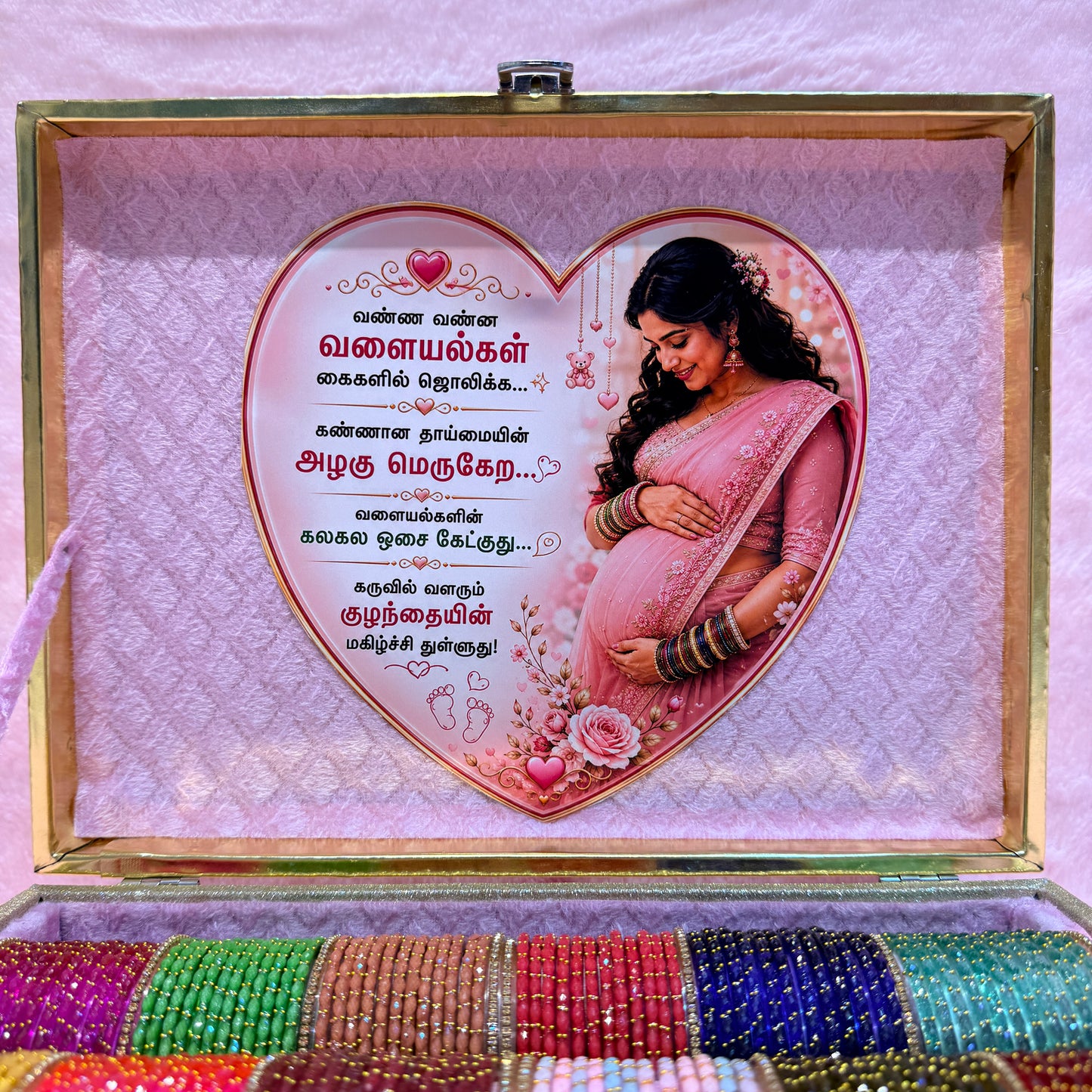 Premium Rain Drop Glass Bangles Gift Hamper | 18 Dozen | Size 2.4 | Luxury Suitcase Valaikappu Gift Box with Tamil Kavithai