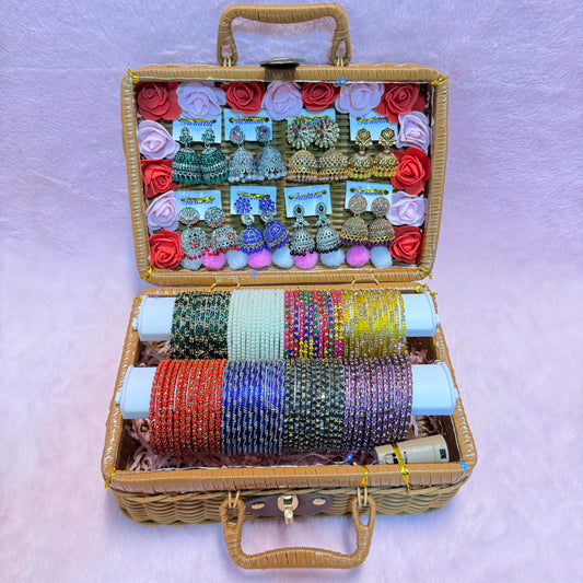 8 Set Trending Glass Bangles with Matching Jhumka Earrings | Premium Gift Hamper Box | Size : 2.4
