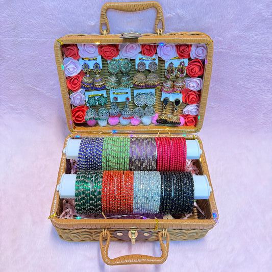 8 Set Trending Glass Bangles with Matching Jhumka Earrings | Premium Gift Hamper Box | Size : 2.4