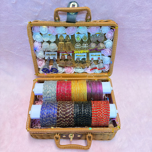 8 Set Trending Glass Bangles with Matching Jhumka Earrings | Premium Gift Hamper Box | Size 2.6