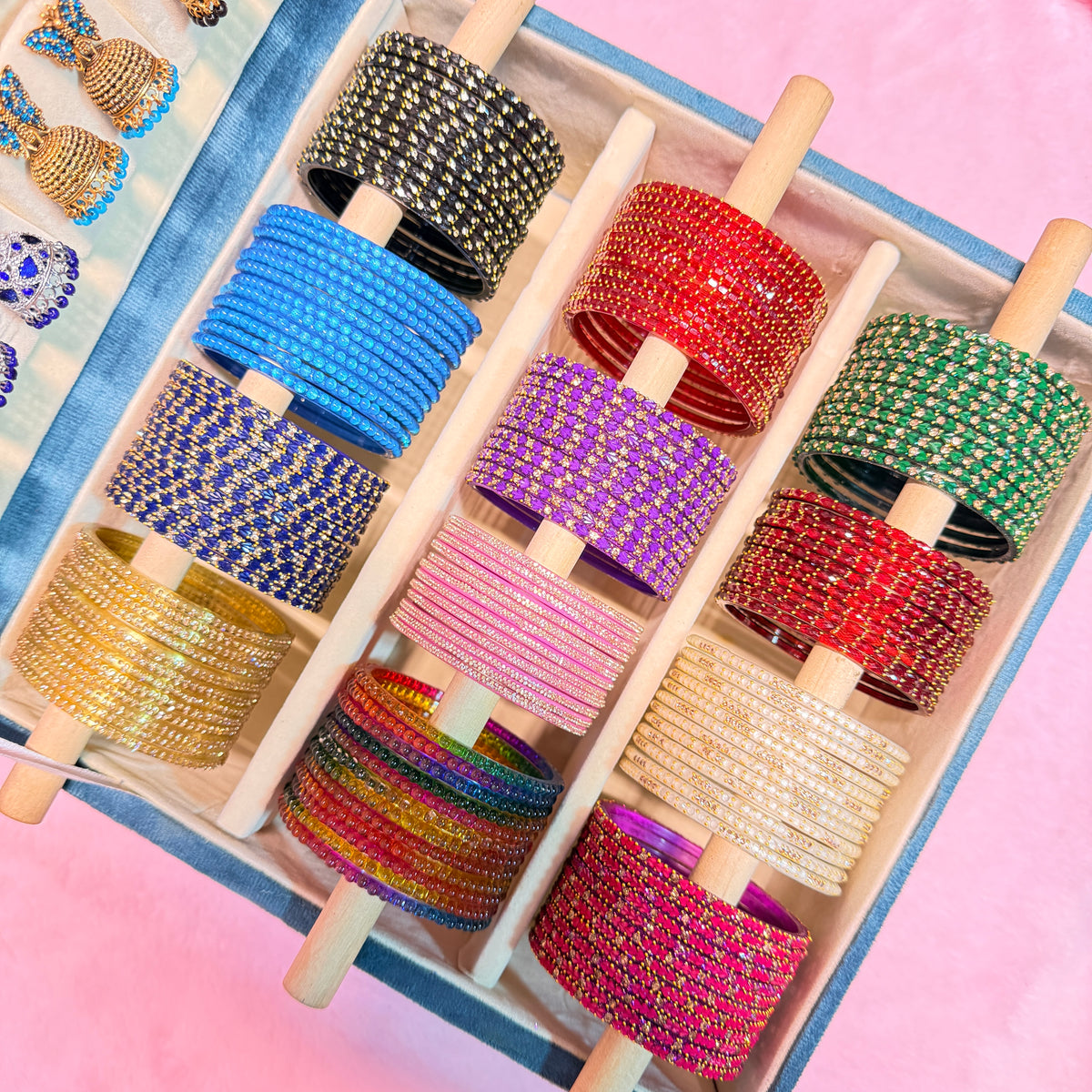 12 Set Trending Glass Bangles with Matching Jhumka Earrings Combo | Size 2.8 | Premium Jewelry Gift Box