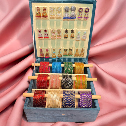 12 Set Trending Glass Bangles with Matching Jhumka Earrings Combo | Size 2.4 | Premium Jewelry Gift Box