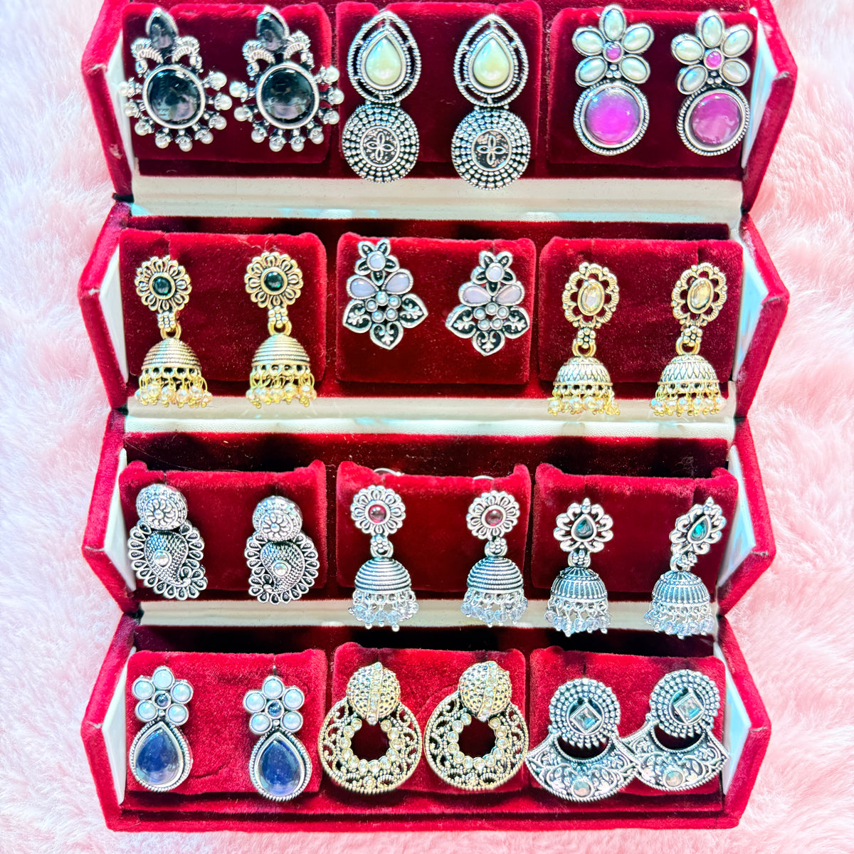12 Set Oxidized Earrings Combo Collection | Foldable Storage Box | Traditional & Trendy Designs