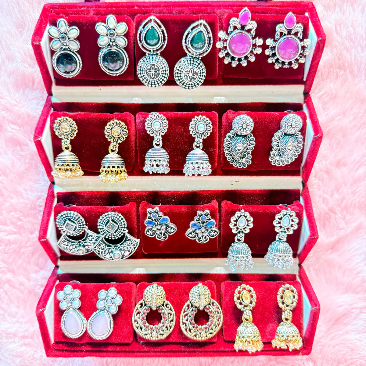 12 Set Oxidized Earrings Combo Collection | Foldable Storage Box | Traditional & Trendy Designs