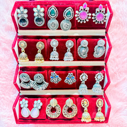 12 Set Oxidized Earrings Combo Collection | Foldable Storage Box | Traditional & Trendy Designs