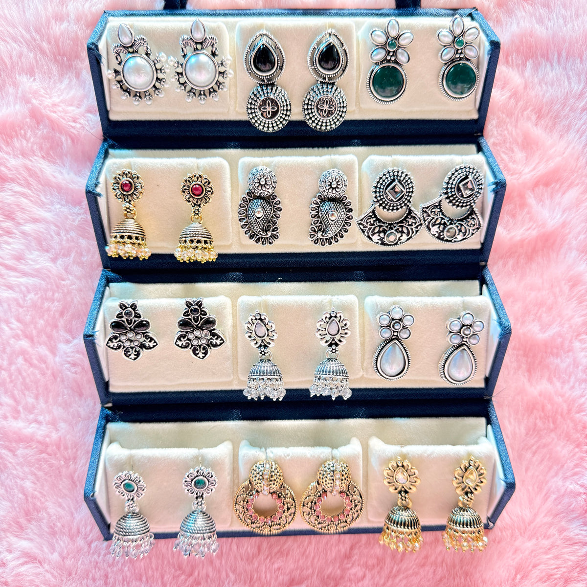 12 Set Oxidized Earrings Combo Collection | Foldable Storage Box | Traditional & Trendy Designs