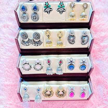 12 Set Oxidized Earrings Combo Collection | Foldable Storage Box | Traditional & Trendy Designs