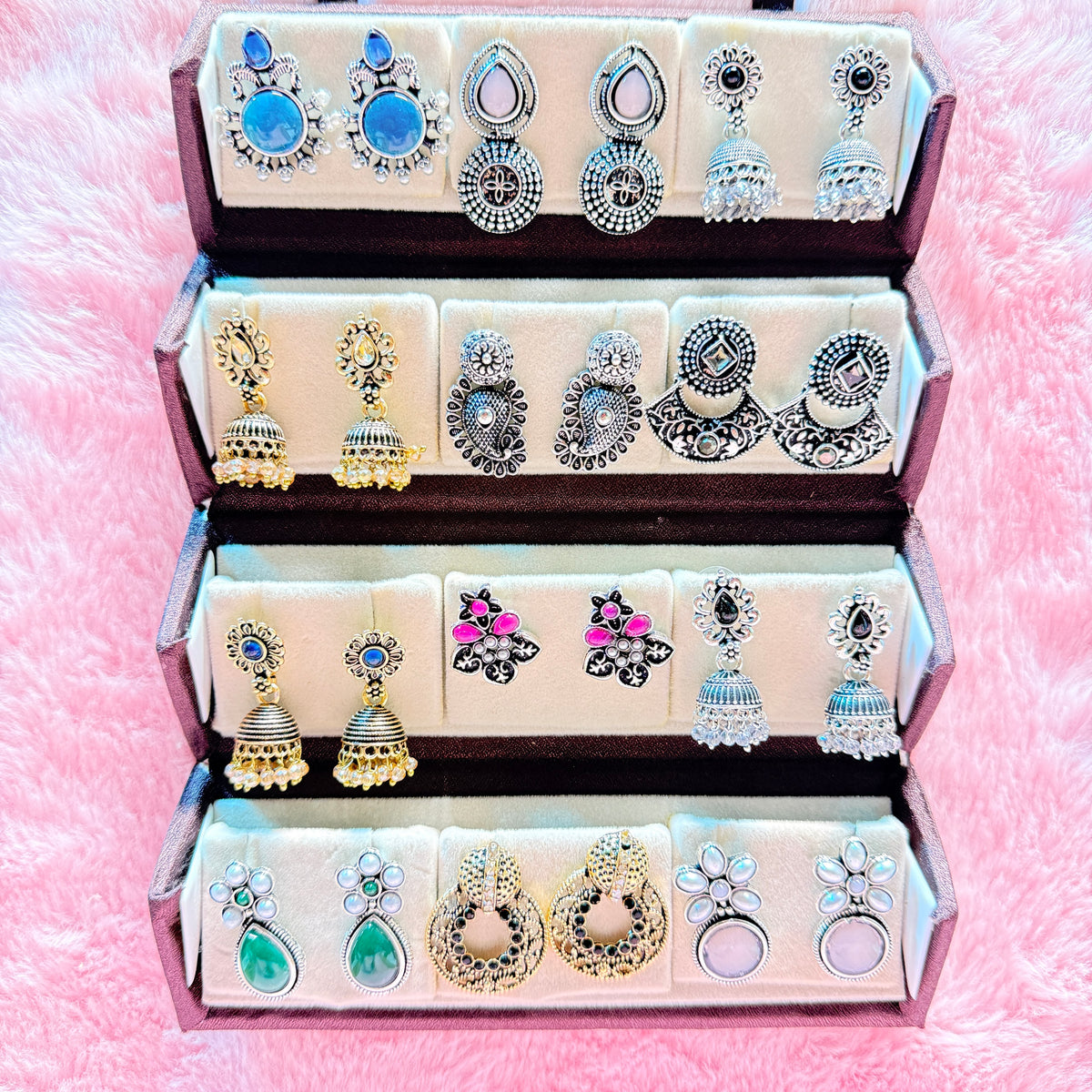 12 Set Oxidized Earrings Combo Collection | Foldable Storage Box | Traditional & Trendy Designs