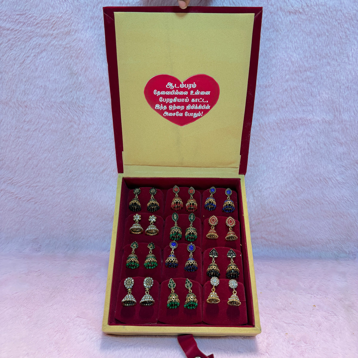12 Set Premium Jhumka Earrings Combo with Tamil Kavithai Card | Velvet Gift Book Box