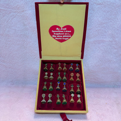 12 Set Premium Jhumka Earrings Combo with Tamil Kavithai Card | Velvet Gift Book Box