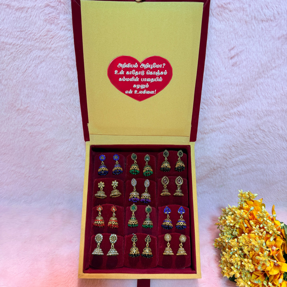 12 Set Premium Jhumka Earrings Combo with Tamil Kavithai Card | Velvet Gift Book Box