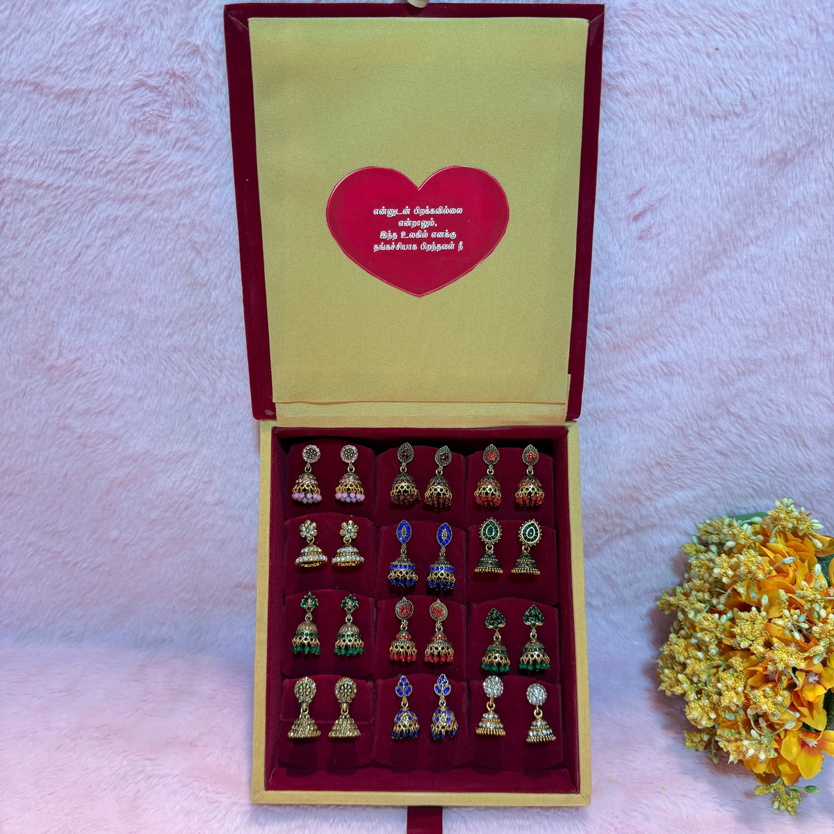 12 Set Premium Jhumka Earrings Combo with Tamil Kavithai Card | Velvet Gift Book Box
