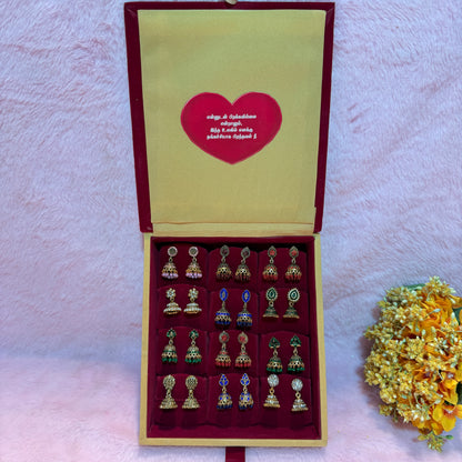 12 Set Premium Jhumka Earrings Combo with Tamil Kavithai Card | Velvet Gift Book Box