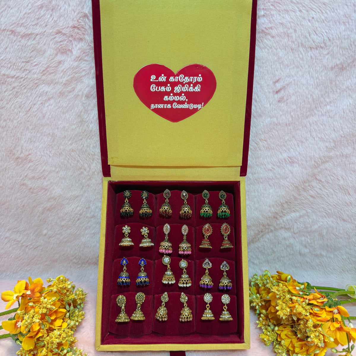 12 Set Premium Jhumka Earrings Combo with Tamil Kavithai Card | Velvet Gift Book Box