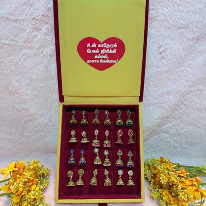 12 Set Premium Jhumka Earrings Combo with Tamil Kavithai Card | Velvet Gift Book Box