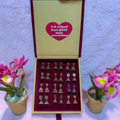 12 Set Premium Jhumka Earrings Combo with Tamil Kavithai Card | Velvet Gift Book Box
