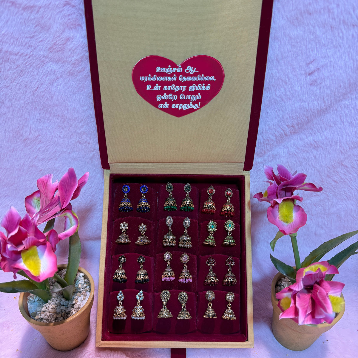 12 Set Premium Jhumka Earrings Combo with Tamil Kavithai Card | Velvet Gift Book Box