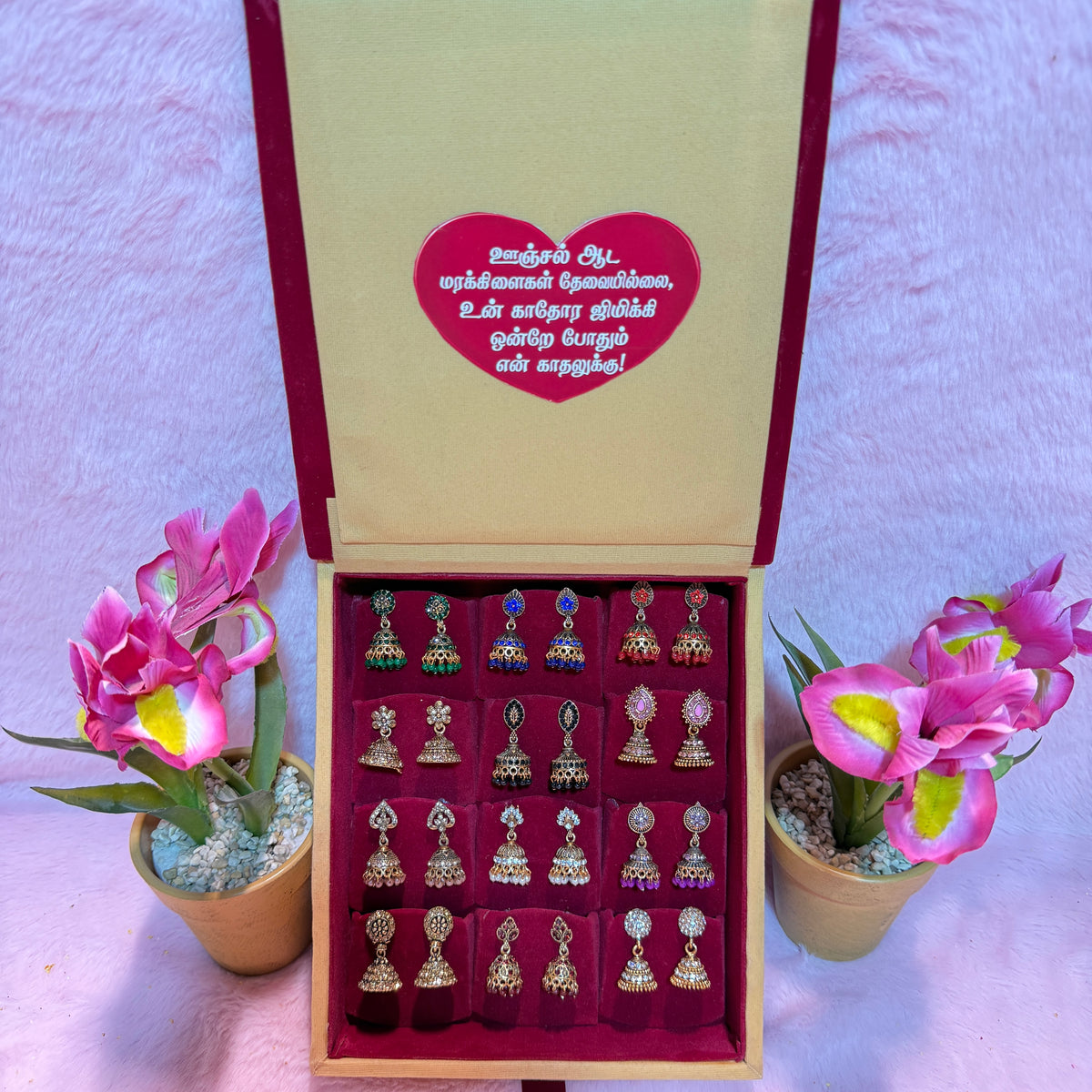 12 Set Premium Jhumka Earrings Combo with Tamil Kavithai Card | Velvet Gift Book Box