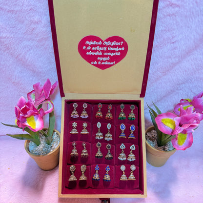 12 Set Premium Jhumka Earrings Combo with Tamil Kavithai Card | Velvet Gift Book Box