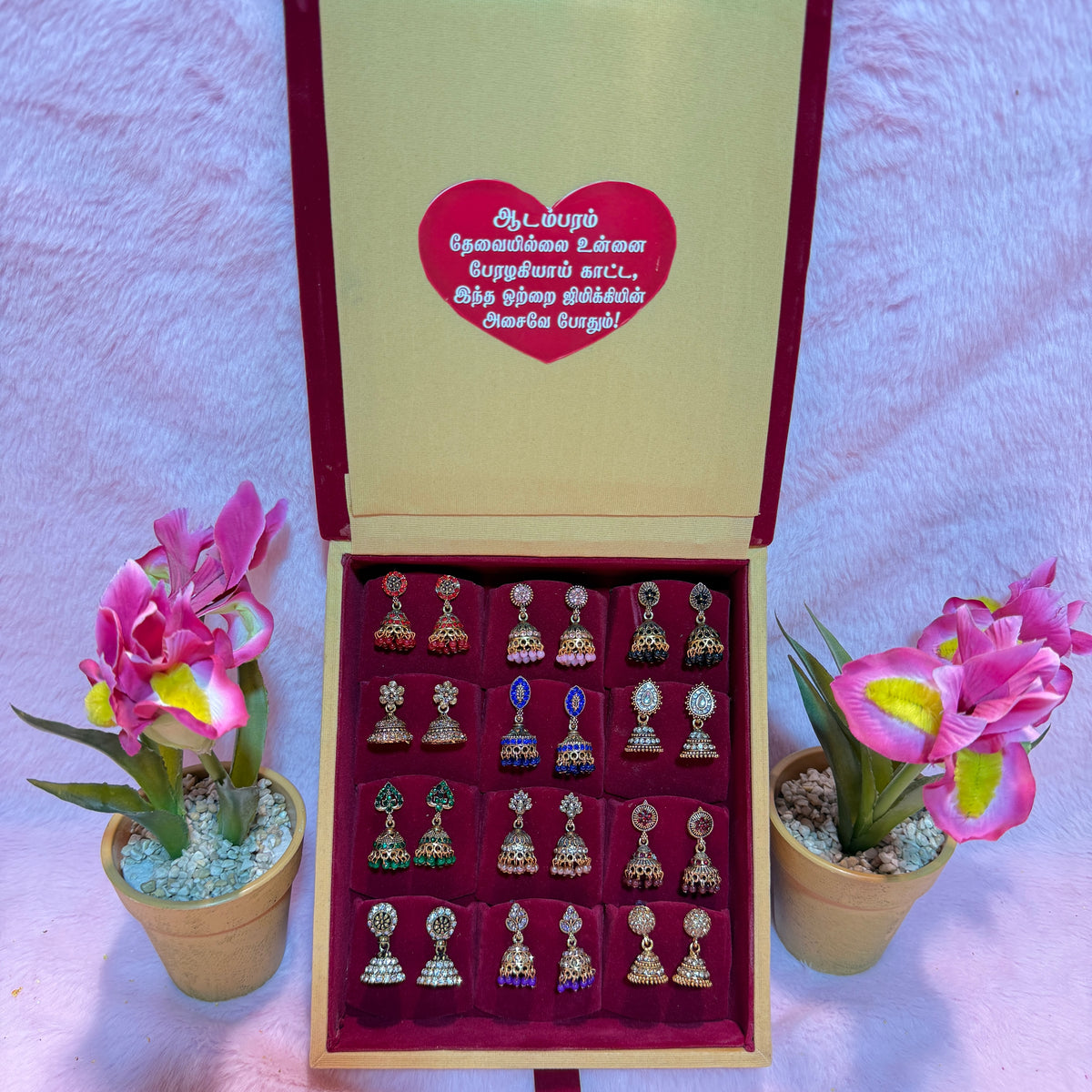 12 Set Premium Jhumka Earrings Combo with Tamil Kavithai Card | Velvet Gift Book Box