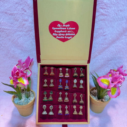 12 Set Premium Jhumka Earrings Combo with Tamil Kavithai Card | Velvet Gift Book Box