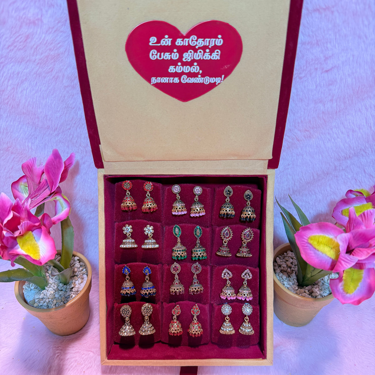 12 Set Premium Jhumka Earrings Combo with Tamil Kavithai Card | Velvet Gift Book Box