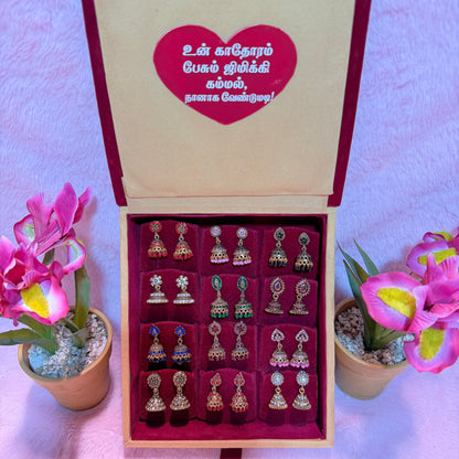 12 Set Premium Jhumka Earrings Combo with Tamil Kavithai Card | Velvet Gift Book Box