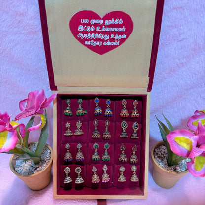12 Set Premium Jhumka Earrings Combo with Tamil Kavithai Card | Velvet Gift Book Box