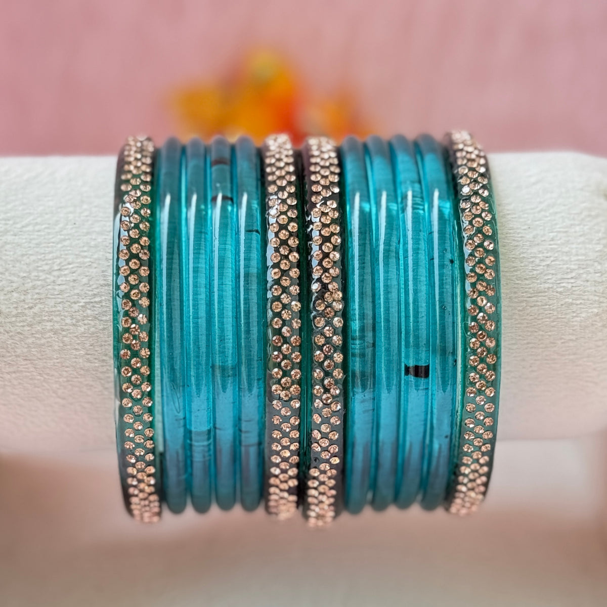 Jelly Glass Bangle Combo Set – 8 Pieces with Crystal Stone Side Bangles