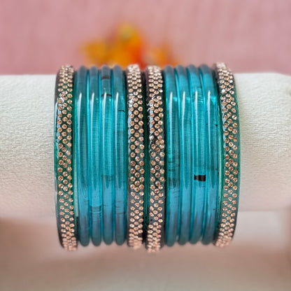Jelly Glass Bangle Combo Set – 8 Pieces with Crystal Stone Side Bangles