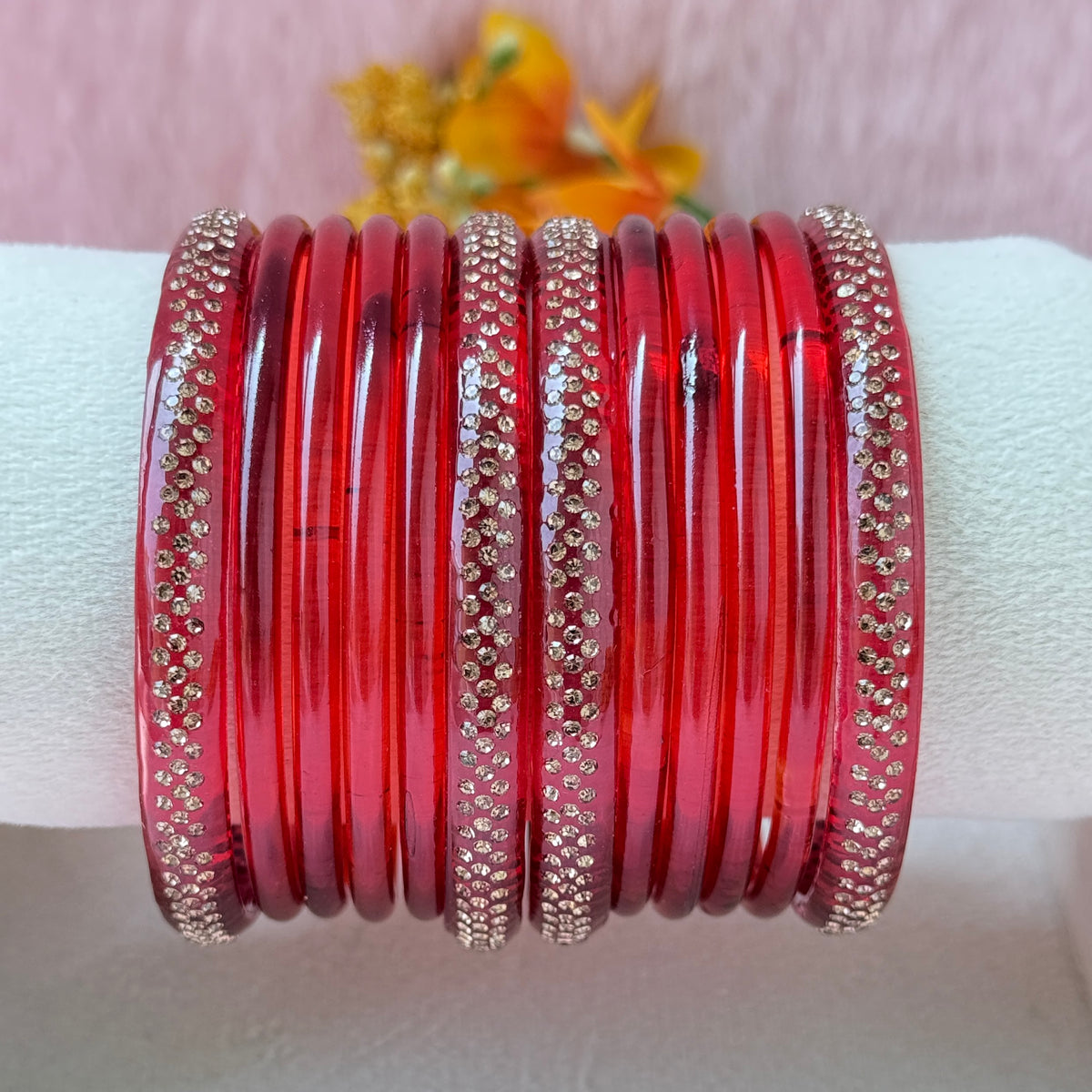 Jelly Glass Bangle Combo Set – 8 Pieces with Crystal Stone Side Bangles