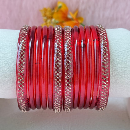 Jelly Glass Bangle Combo Set – 8 Pieces with Crystal Stone Side Bangles