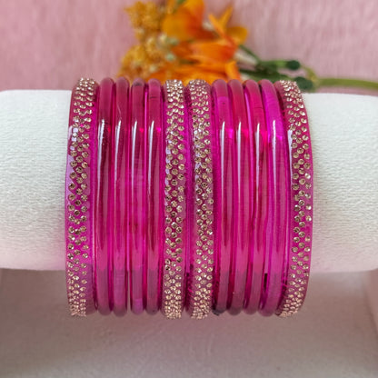 Jelly Glass Bangle Combo Set – 8 Pieces with Crystal Stone Side Bangles