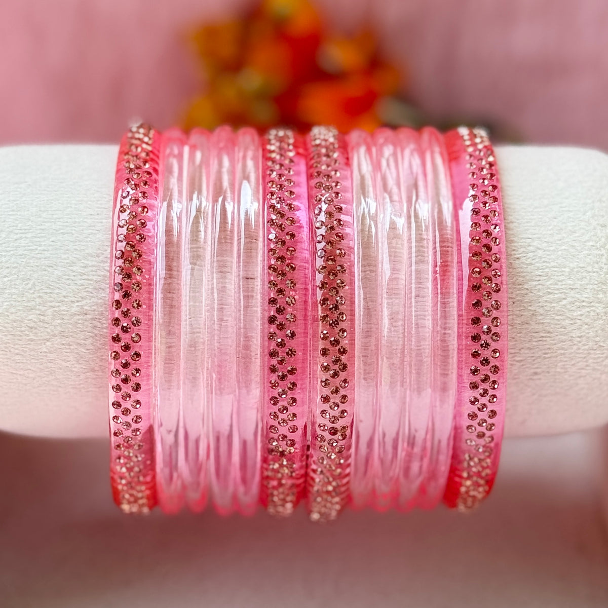 Jelly Glass Bangle Combo Set – 8 Pieces with Crystal Stone Side Bangles