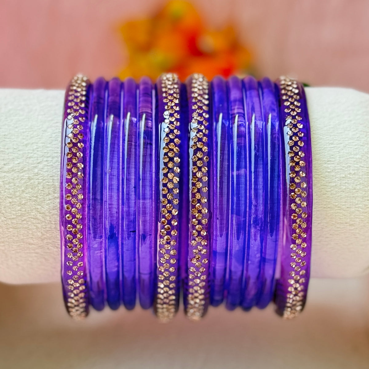 Jelly Glass Bangle Combo Set – 8 Pieces with Crystal Stone Side Bangles