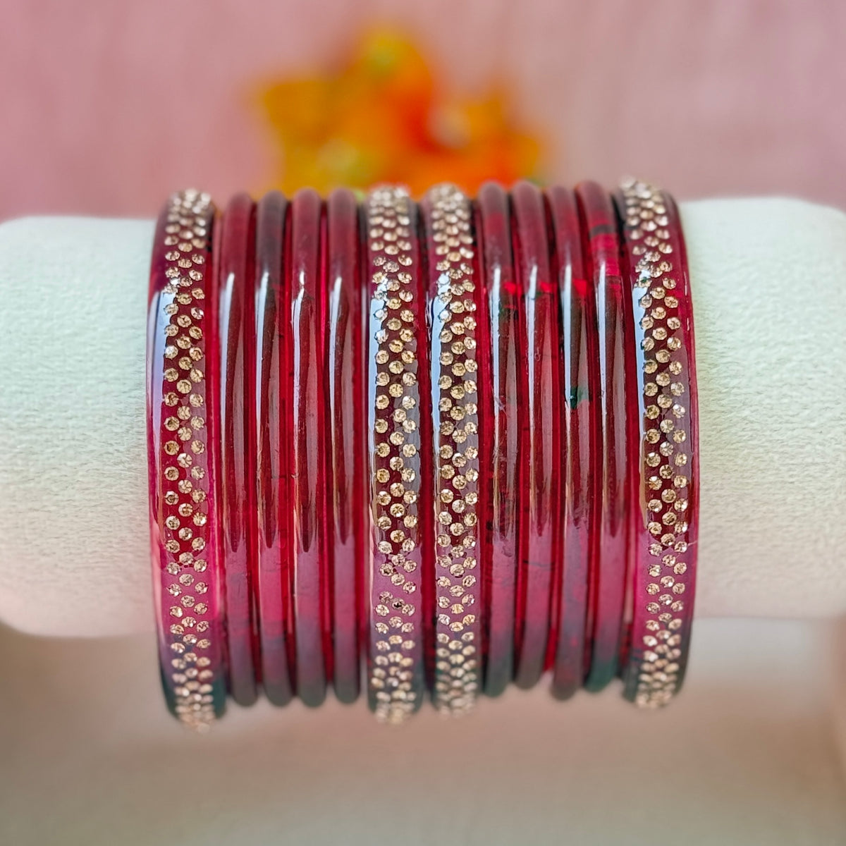 Jelly Glass Bangle Combo Set – 8 Pieces with Crystal Stone Side Bangles