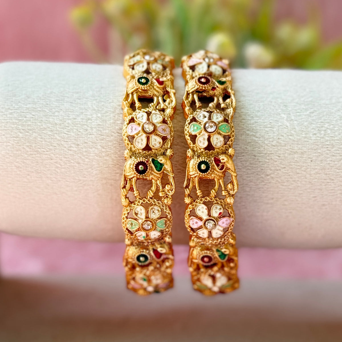 Premium Antique Elephant Floral Metal Bangle Pair