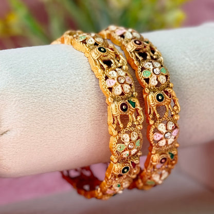 Premium Antique Elephant Floral Metal Bangle Pair