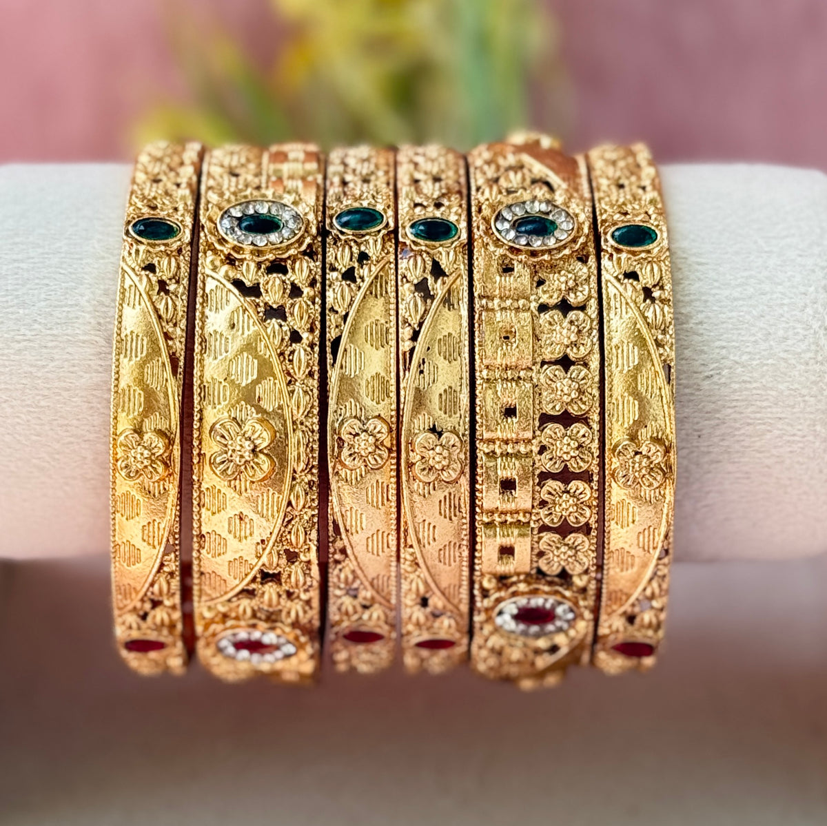 Premium Antique Floral Stone Metal Bangle Set (6 Pieces)