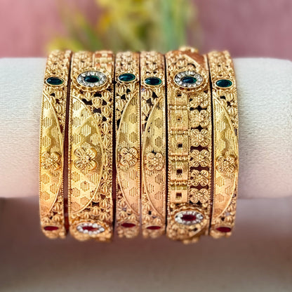 Premium Antique Floral Stone Metal Bangle Set (6 Pieces)