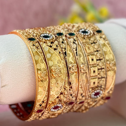 Premium Antique Floral Stone Metal Bangle Set (6 Pieces)