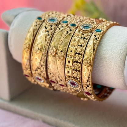 Premium Antique Floral Stone Metal Bangle Set (6 Pieces)