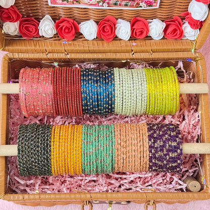 Premium Valaikappu Glass Bangle Hamper Box – 10 Color Glass Bangles Set in Handcrafted Suitcase Gift Box | Bangle Size 2.6